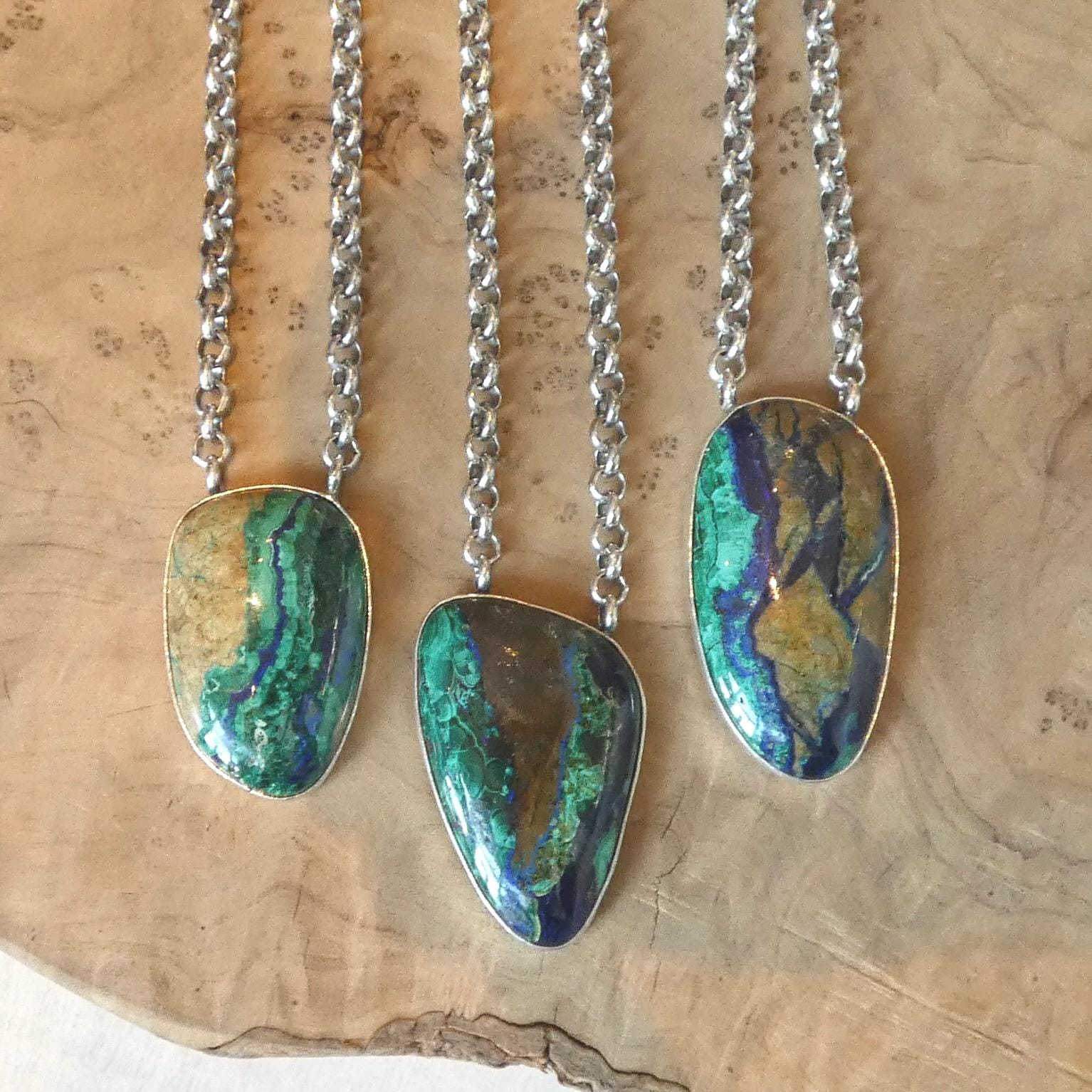 Azurite Malachite Pendant Necklace - Chunky Sterling Silver - Choose your Men's Necklace