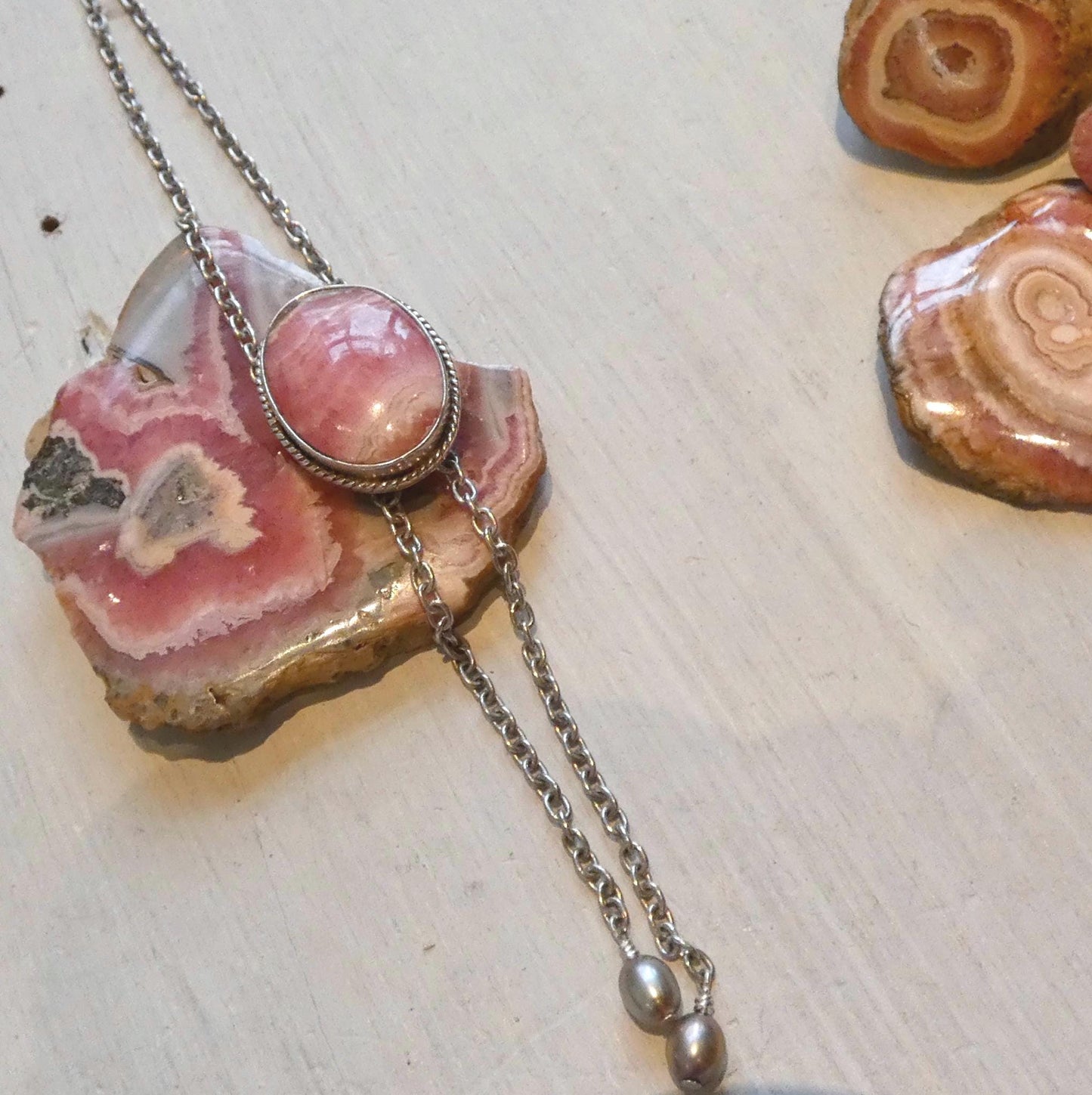 Pink Rhodochrosite Bolo Necklace - Sterling Silver Y Necklace
