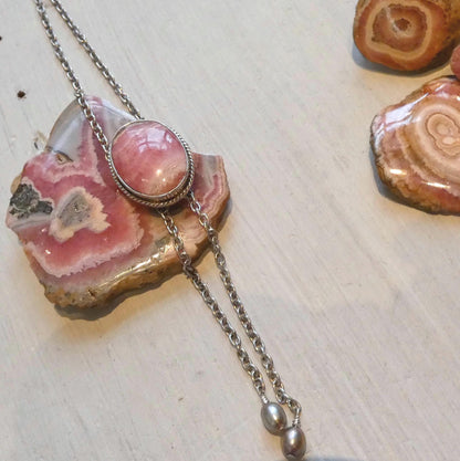 Pink Rhodochrosite Bolo Necklace - Sterling Silver Y Necklace