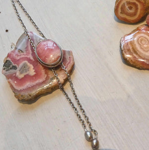 Pink Rhodochrosite Bolo Necklace - Sterling Silver Y Necklace