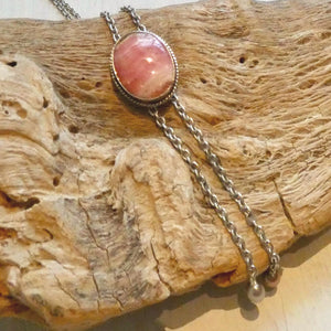 Pink Rhodochrosite Bolo Necklace - Sterling Silver Y Necklace