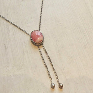 Pink Rhodochrosite Bolo Necklace - Sterling Silver Y Necklace