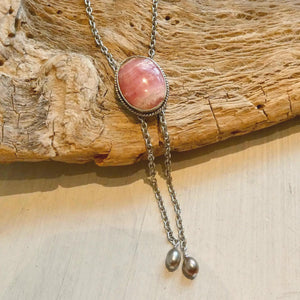 Pink Rhodochrosite Bolo Necklace - Sterling Silver Y Necklace
