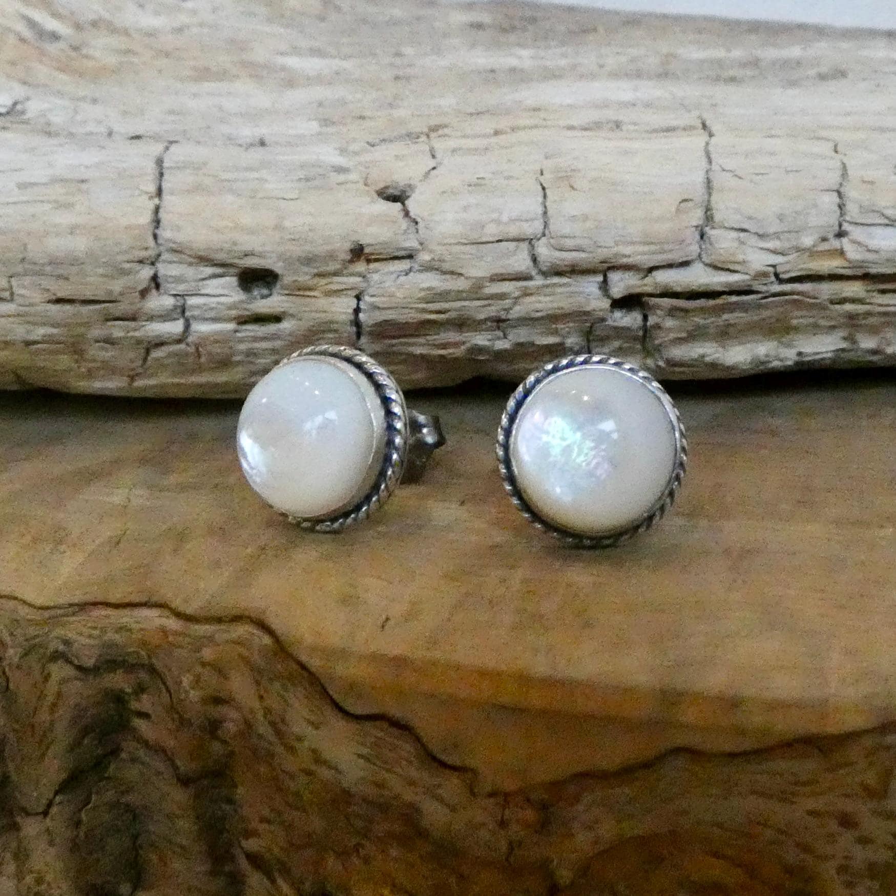Mother Of Pearl Earrings - 8mm Stone - Traditional Posts - White Nacre Sterling Silver