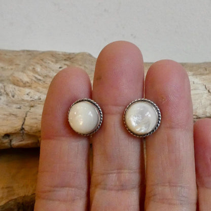Mother Of Pearl Posts - 10mm stone - White Nacre Stud Earrings - Sterling Silver