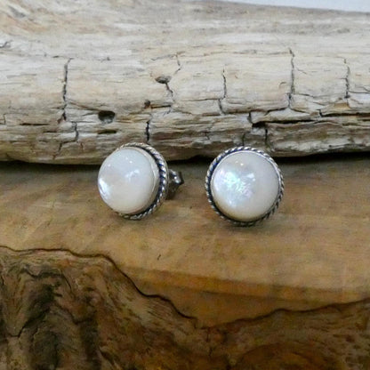 Mother Of Pearl Posts - 10mm stone - White Nacre Stud Earrings - Sterling Silver