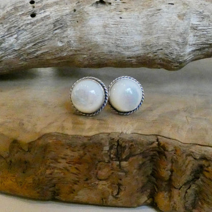 Mother Of Pearl Posts - 10mm stone - White Nacre Stud Earrings - Sterling Silver