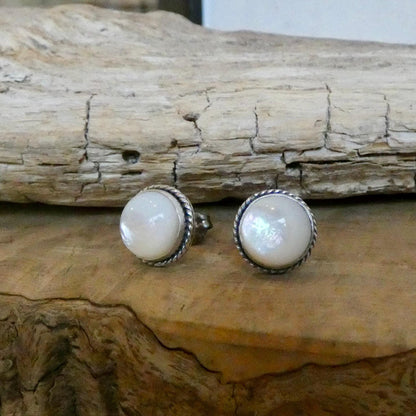Mother Of Pearl Posts - 10mm stone - White Nacre Stud Earrings - Sterling Silver
