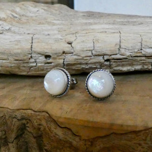 Mother Of Pearl Posts - 10mm stone - White Nacre Stud Earrings - Sterling Silver