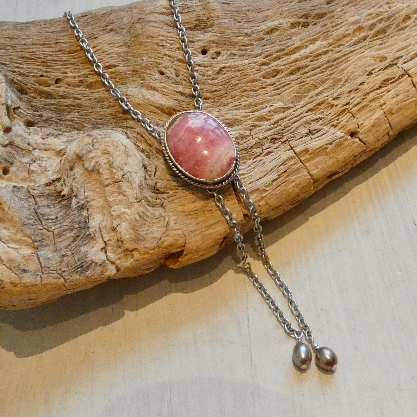Pink Rhodochrosite Bolo Necklace - Sterling Silver Y Necklace
