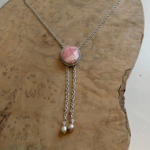 Pink Rhodochrosite Bolo Necklace - Sterling Silver Y Necklace