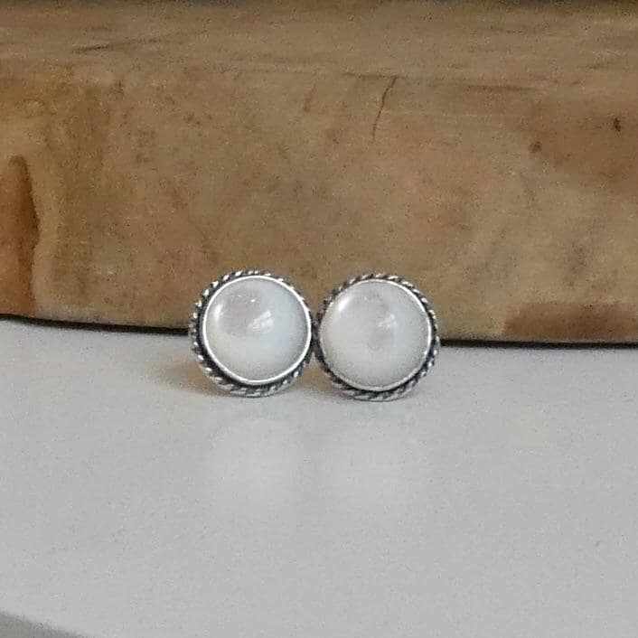 Mother Of Pearl Earrings - 8mm Stone - Traditional Posts - White Nacre Sterling Silver