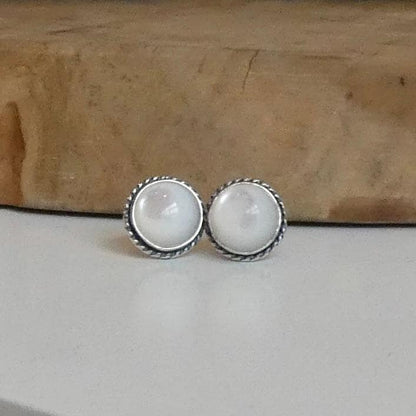 Mother Of Pearl Earrings - 8mm Stone - Traditional Posts - White Nacre Sterling Silver