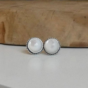 Mother Of Pearl Earrings - 8mm Stone - Traditional Posts - White Nacre Sterling Silver