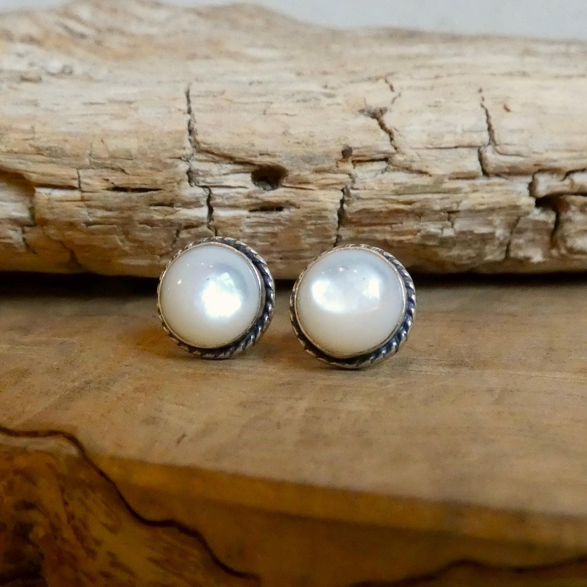 Mother Of Pearl Earrings - 8mm Stone - Traditional Posts - White Nacre Sterling Silver