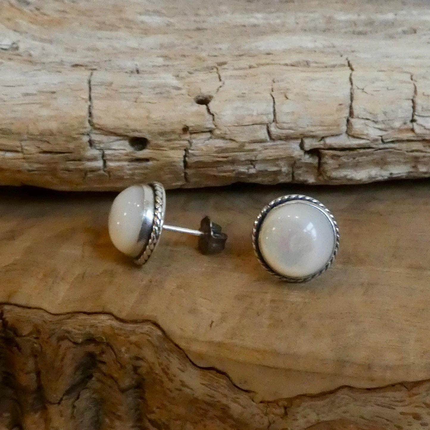 Mother Of Pearl Posts - 10mm stone - White Nacre Stud Earrings - Sterling Silver