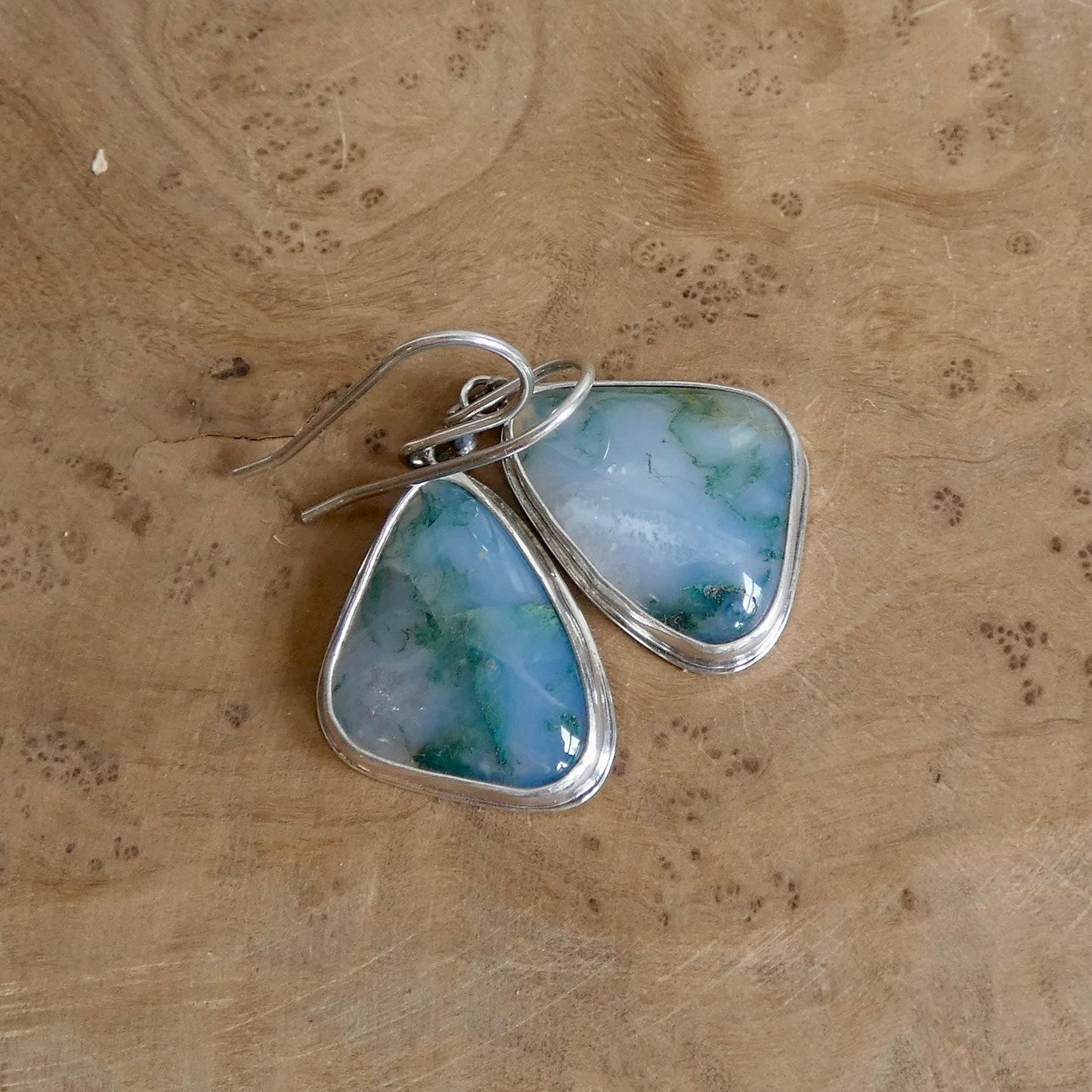 Moss Agate Sterling Silver Drop Earrings – Natural Gemstone Bezel Setting