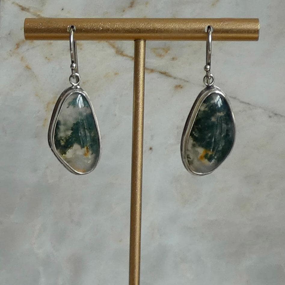 Moss Agate Sterling Silver Drop Earrings – Natural Gemstone Bezel Setting