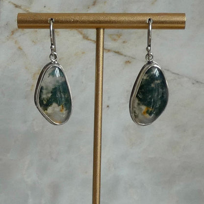 Moss Agate Sterling Silver Drop Earrings – Natural Gemstone Bezel Setting