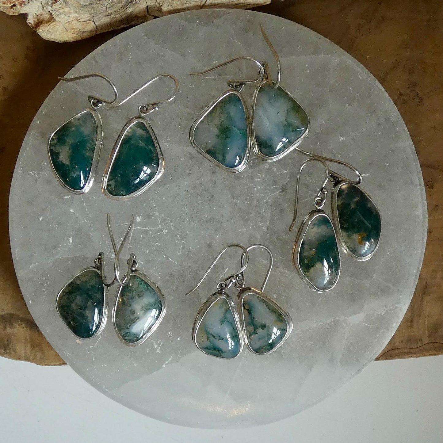 Moss Agate Sterling Silver Drop Earrings – Natural Gemstone Bezel Setting