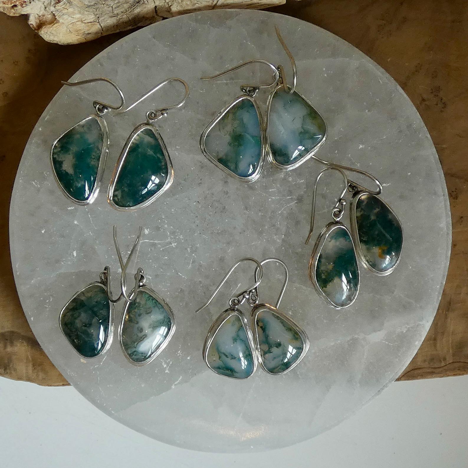 Moss Agate Sterling Silver Drop Earrings – Natural Gemstone Bezel Setting