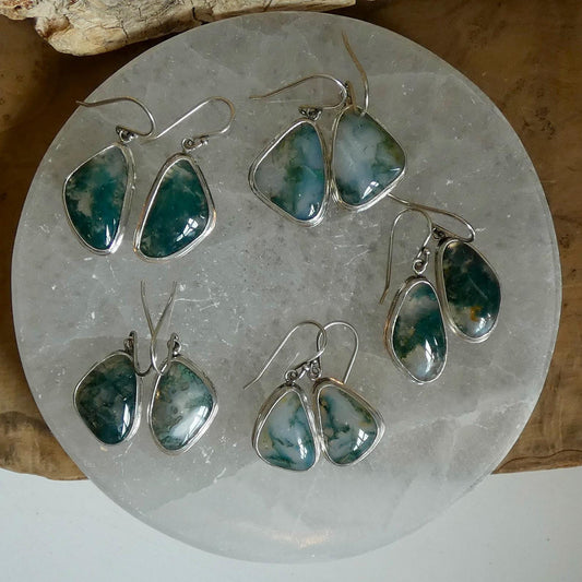 Moss Agate Sterling Silver Drop Earrings – Natural Gemstone Bezel Setting