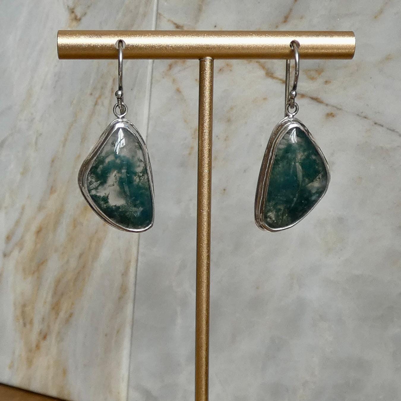 Moss Agate Sterling Silver Drop Earrings – Natural Gemstone Bezel Setting
