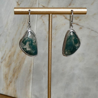 Moss Agate Sterling Silver Drop Earrings – Natural Gemstone Bezel Setting