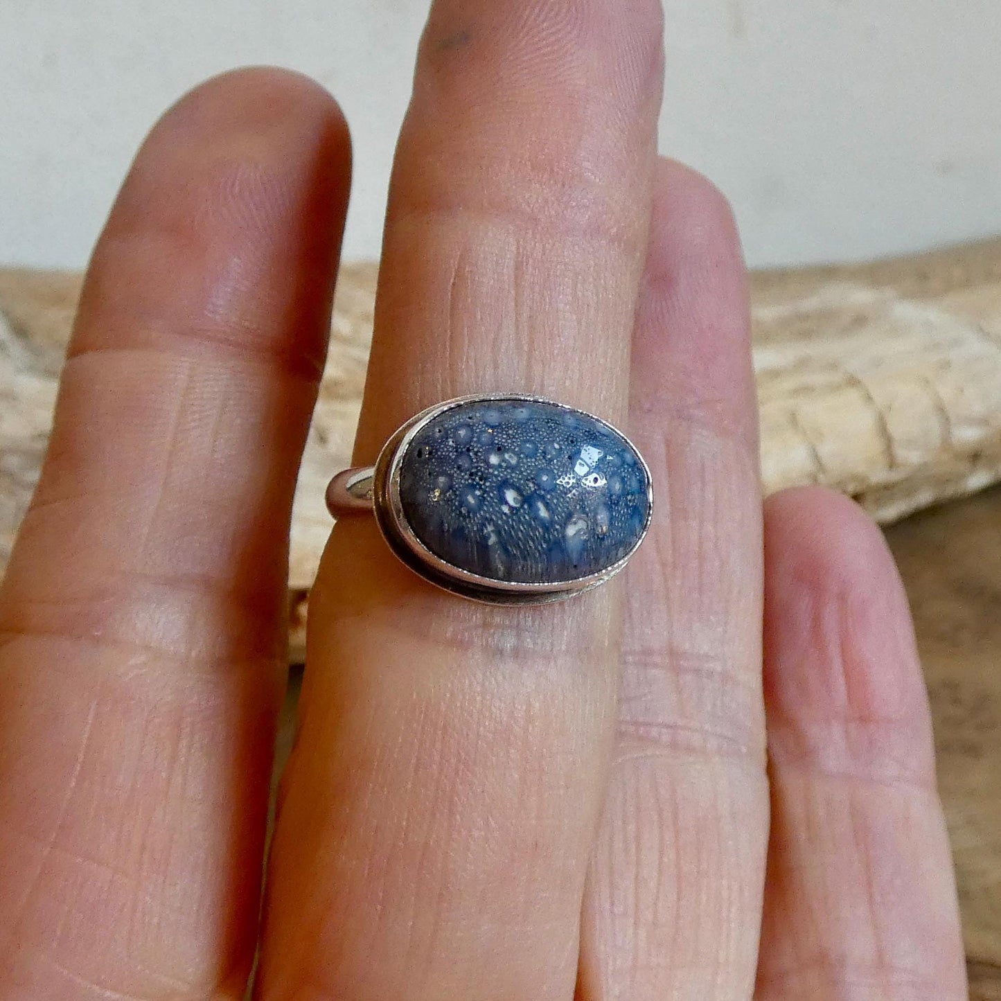 Sterling Silver Blue Sponge Coral Ring – East West Oval Stone