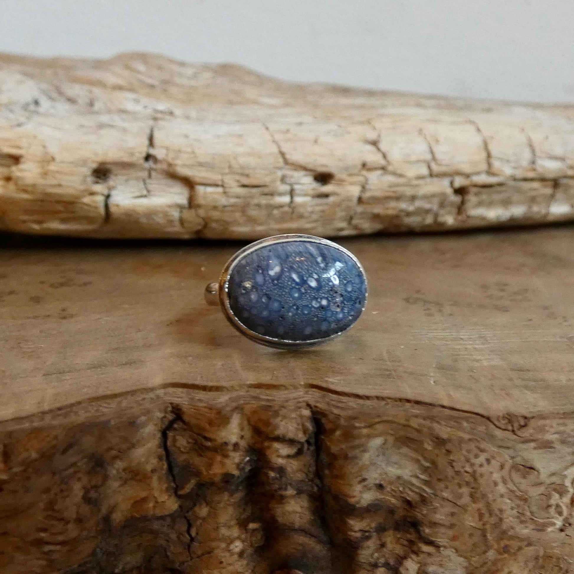 Sterling Silver Blue Sponge Coral Ring – East West Oval Stone