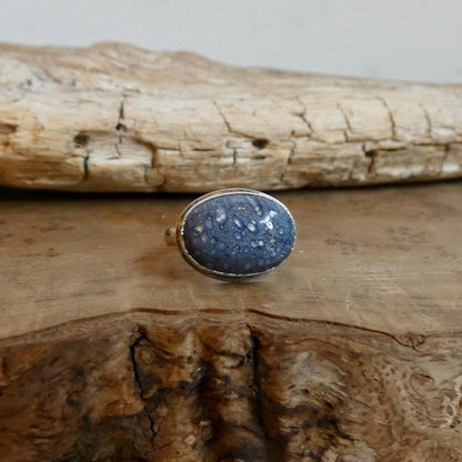 Sterling Silver Blue Sponge Coral Ring – East West Oval Stone
