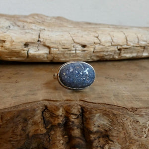 Sterling Silver Blue Sponge Coral Ring – East West Oval Stone