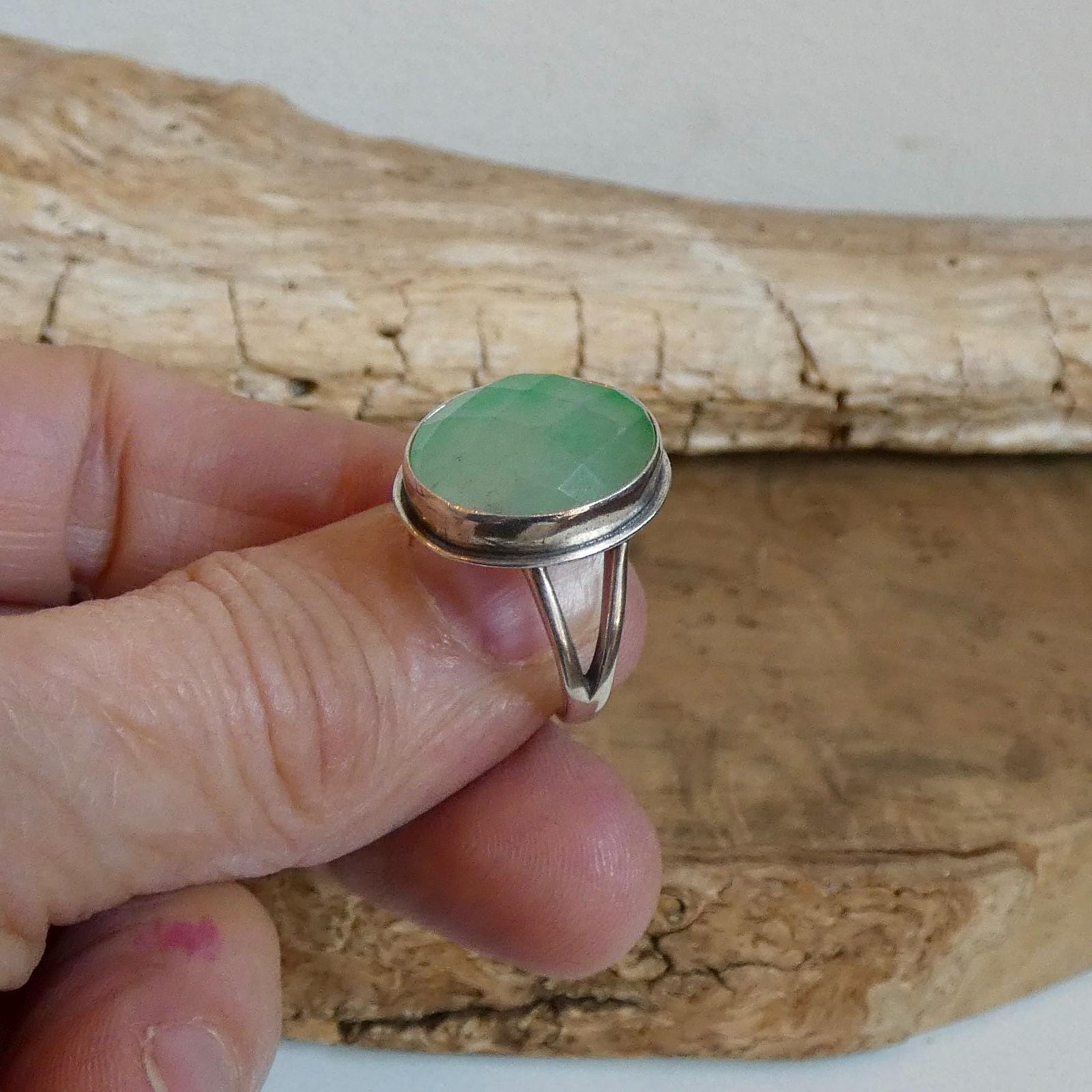 Faceted Green Jade Ring - Natural Burma Jade - .925 Sterling Silver - Boho Style Ring