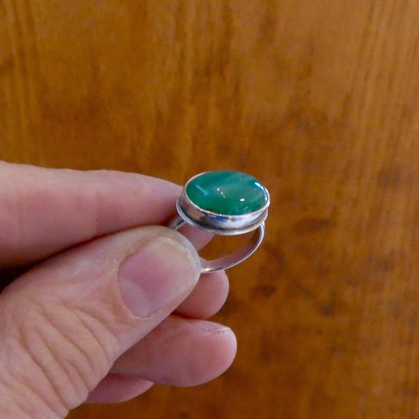 CUSTOM Banded Green Agate East-West oval Ring - Sterling Silver