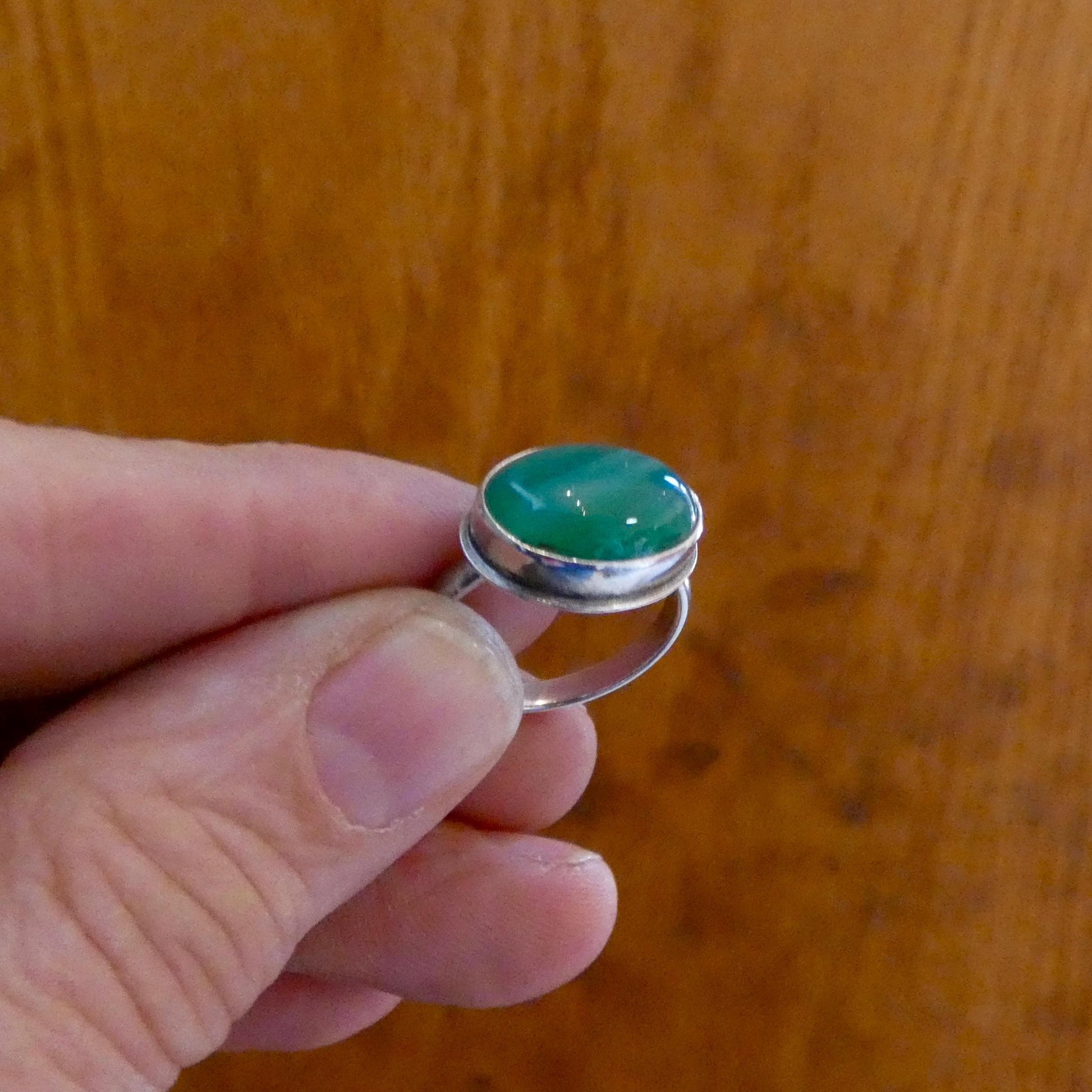 CUSTOM Banded Green Agate East-West oval Ring - Sterling Silver