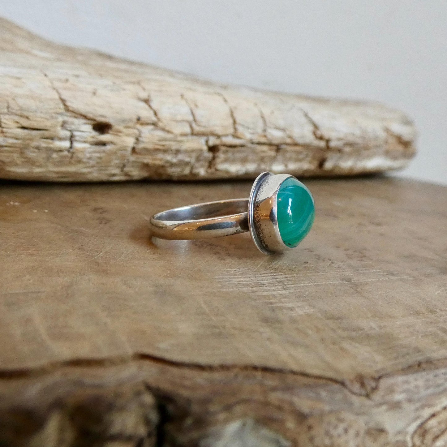 CUSTOM Banded Green Agate East-West oval Ring - Sterling Silver