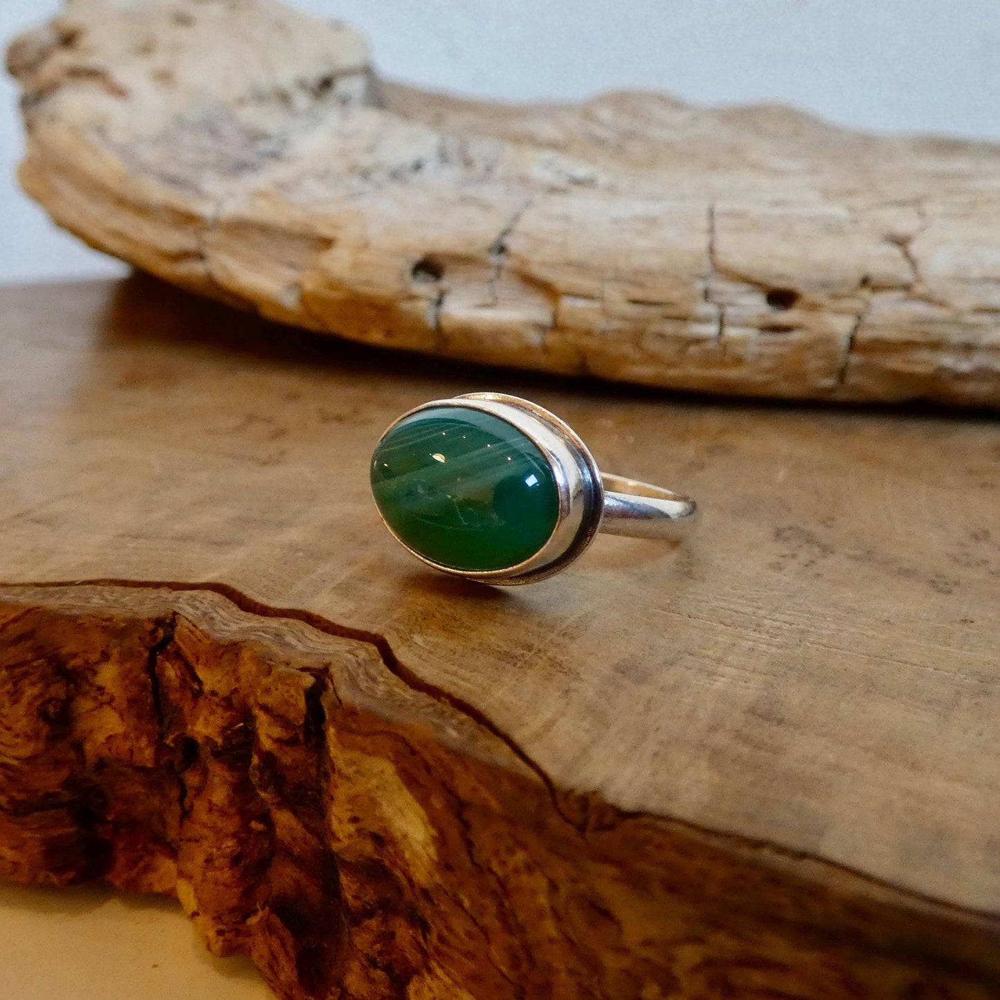 CUSTOM Banded Green Agate East-West oval Ring - Sterling Silver