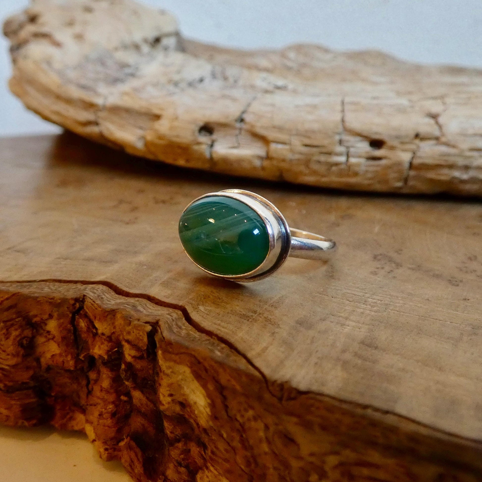 CUSTOM Banded Green Agate East-West oval Ring - Sterling Silver