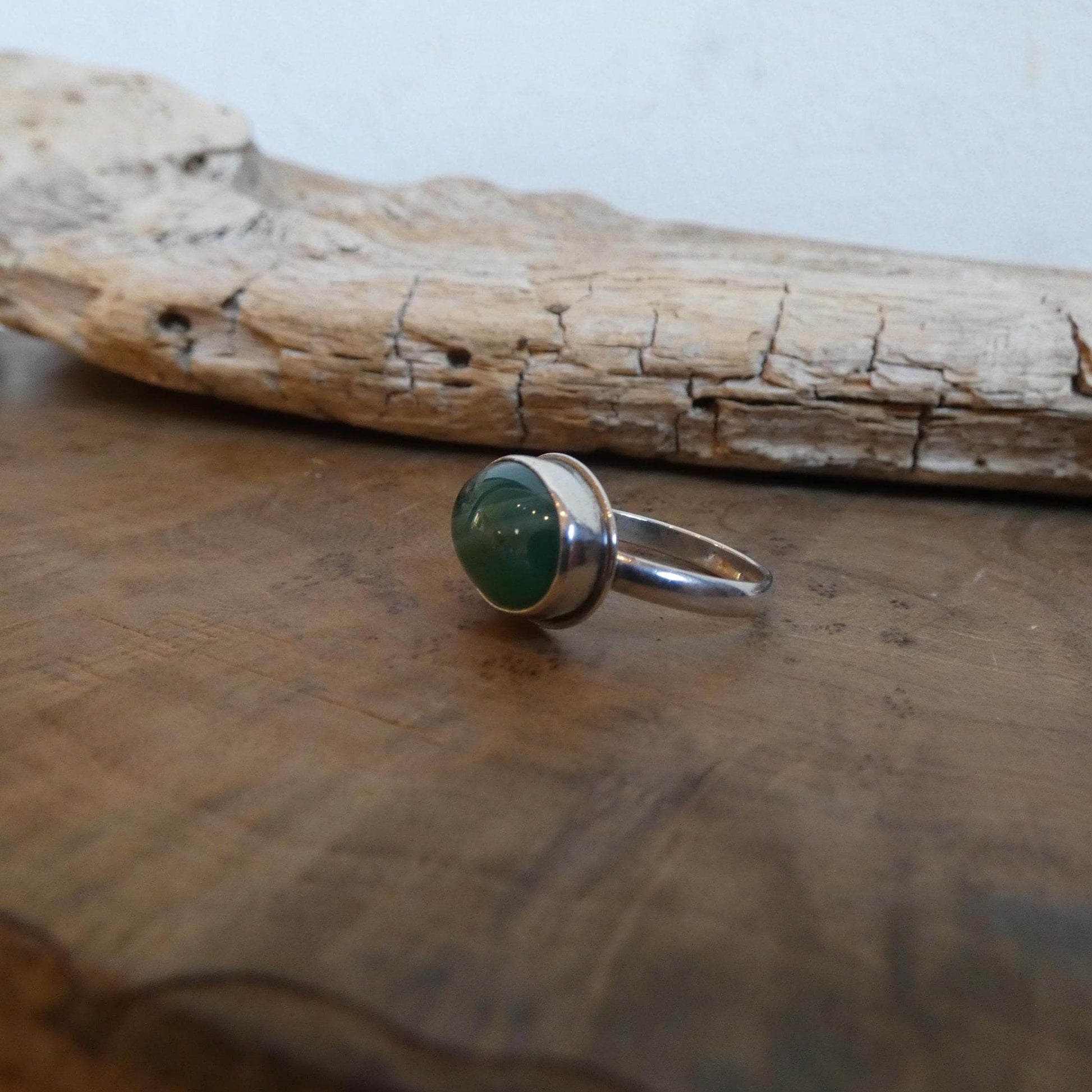 CUSTOM Banded Green Agate East-West oval Ring - Sterling Silver