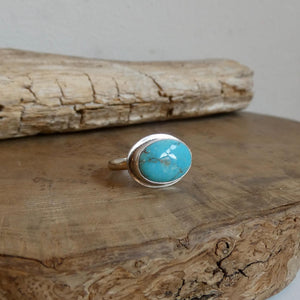 Kingman Turquoise Oval Ring – Sterling Silver East-West Setting Size 5.5