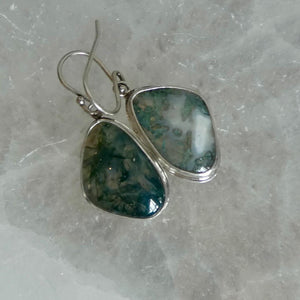Moss Agate Sterling Silver Drop Earrings – Earthy Green Cabochons