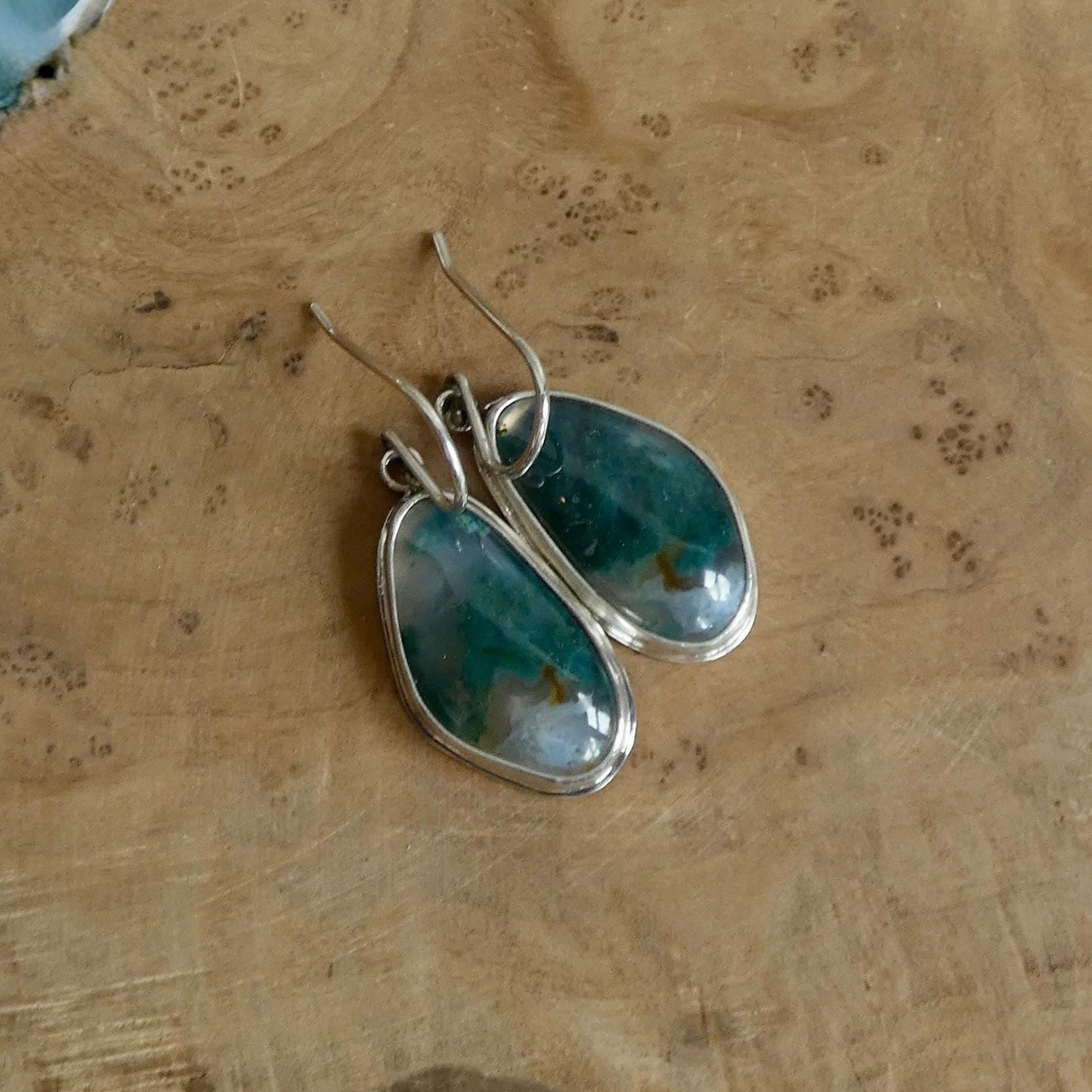 Moss Agate Sterling Silver Drop Earrings – Natural Gemstone Bezel Setting