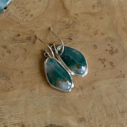 Moss Agate Sterling Silver Drop Earrings – Natural Gemstone Bezel Setting