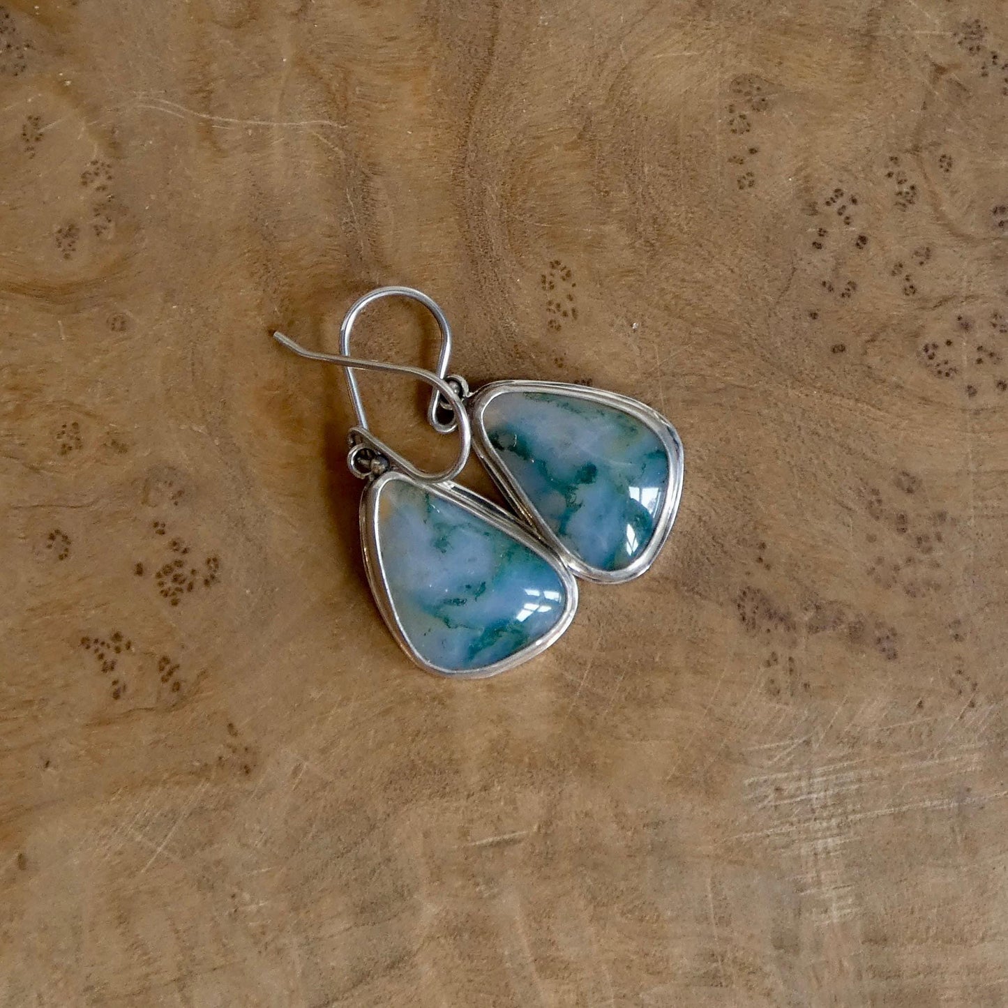 Moss Agate Sterling Silver Drop Earrings – Natural Gemstone Bezel Setting