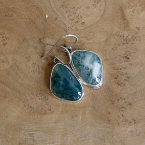 Moss Agate Sterling Silver Drop Earrings – Earthy Green Cabochons