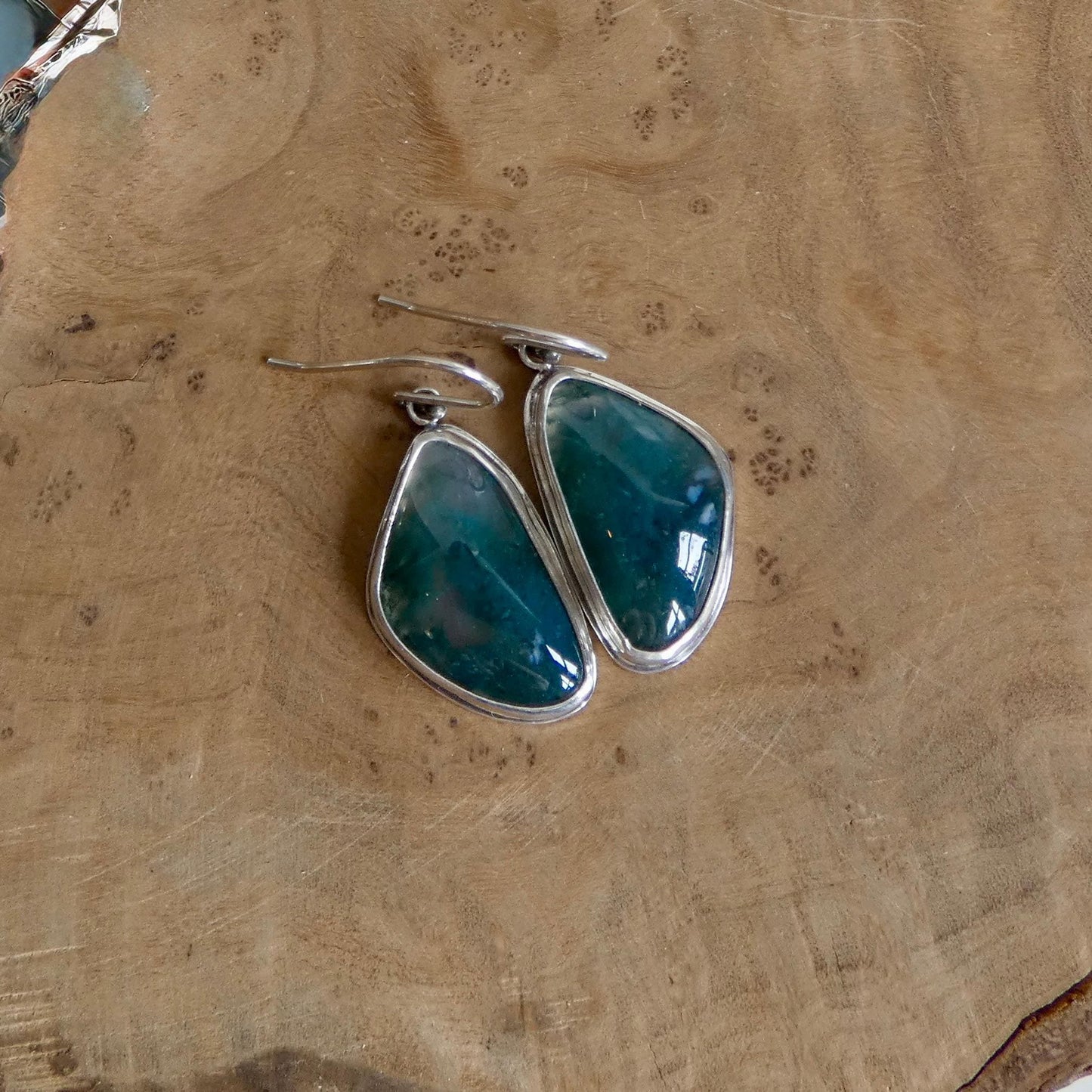 Moss Agate Sterling Silver Drop Earrings – Natural Gemstone Bezel Setting