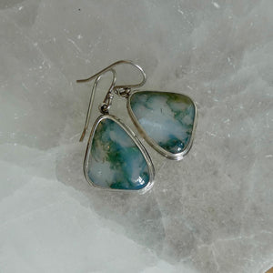 Moss Agate Sterling Silver Drop Earrings – Earthy Green Cabochons