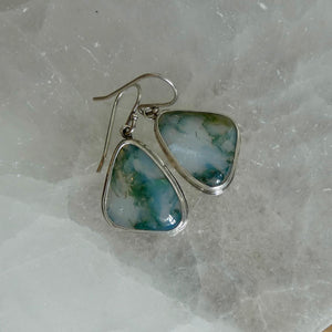 Moss Agate Sterling Silver Drop Earrings – Earthy Green Cabochons - Sterling Silver