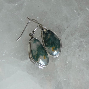 Moss Agate Sterling Silver Drop Earrings – Earthy Green Cabochons
