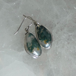Moss Agate Sterling Silver Drop Earrings – Earthy Green Cabochons - Sterling Silver